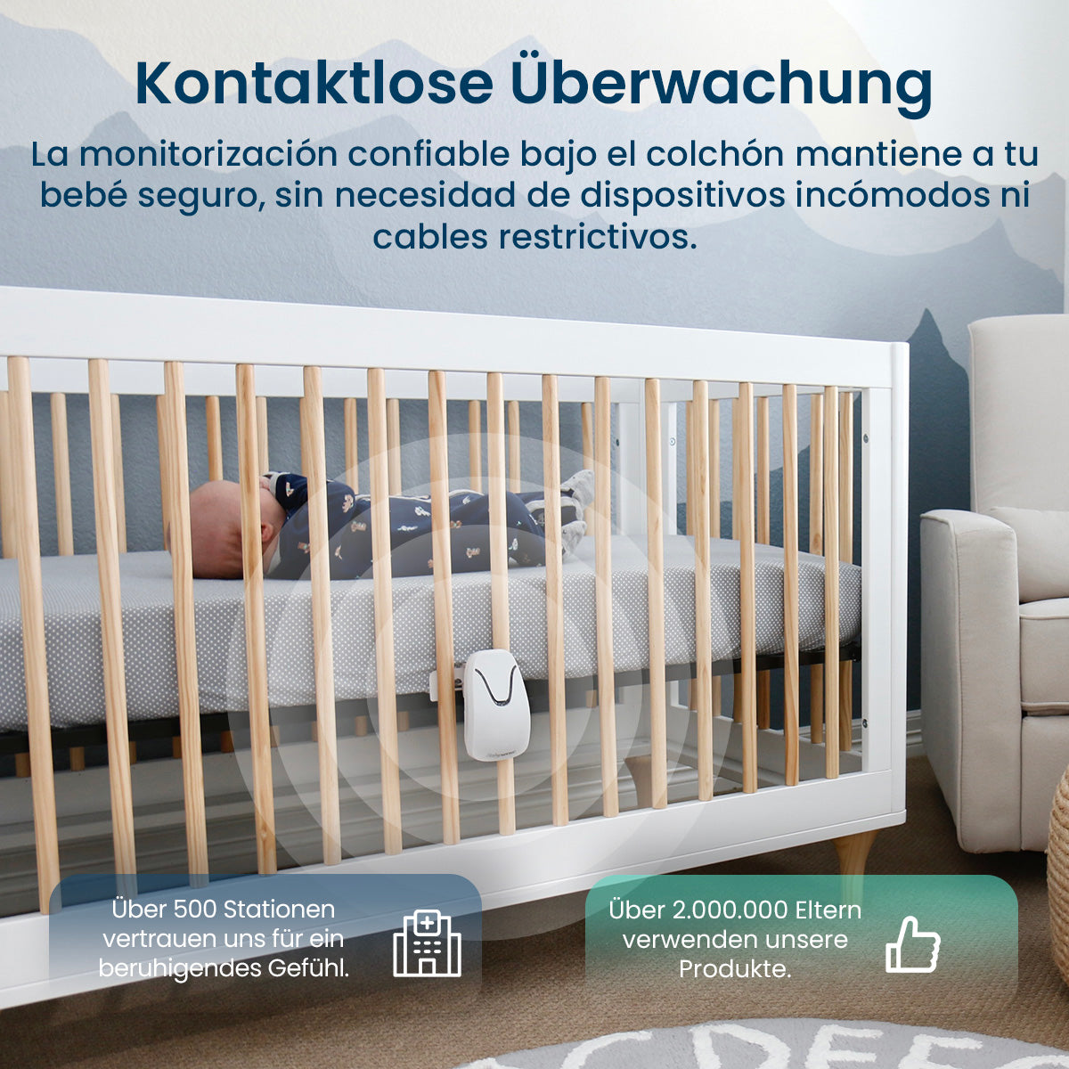 Babysense 7 Baby-Atemmonitor – Echtzeit-Warnungen bei Atemaussetzern und Unregelmäßigkeiten, Medizinisch Zertifiziert, Rundum-Überwachung für Sicheren Schlaf