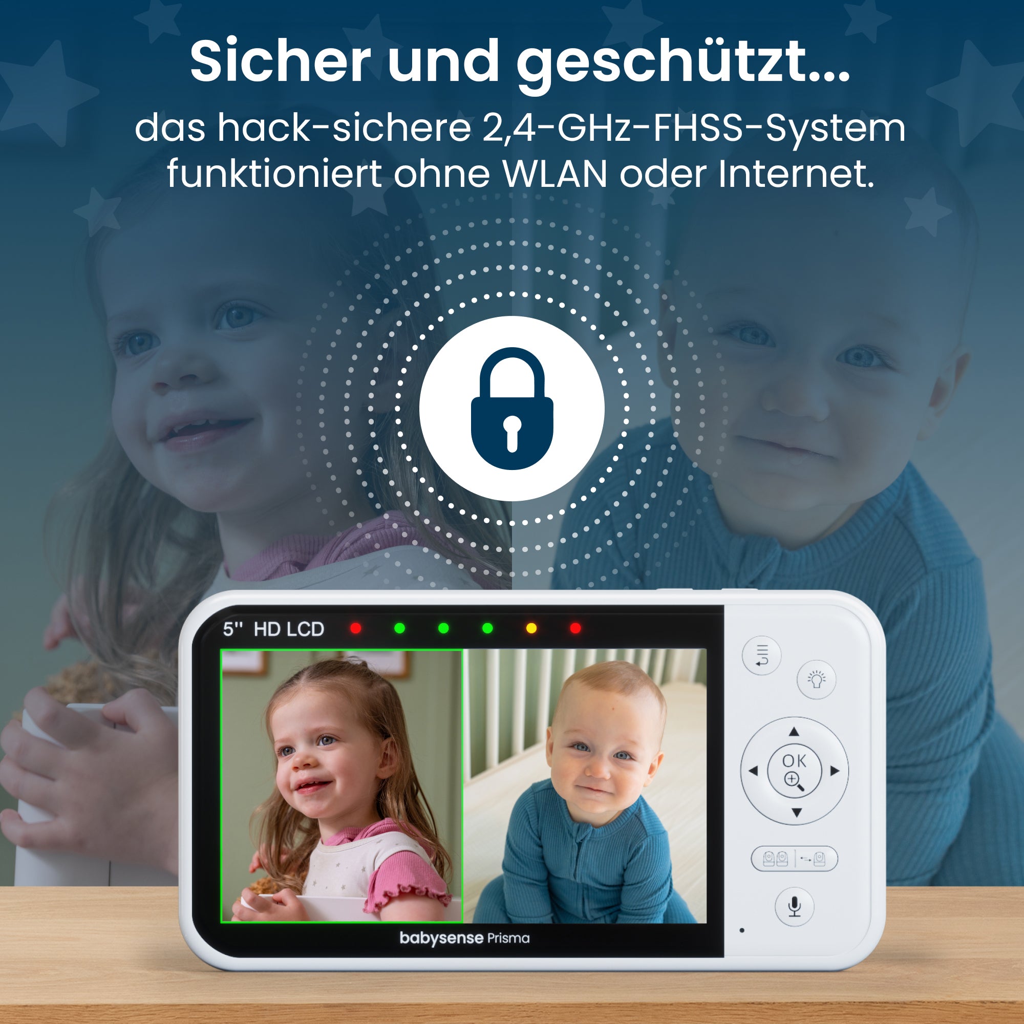 Babysense Prisma: Video-Babyphone mit 2 Kameras, ohne WLAN, Split-Screen, Nachtlicht & Soundmaschine