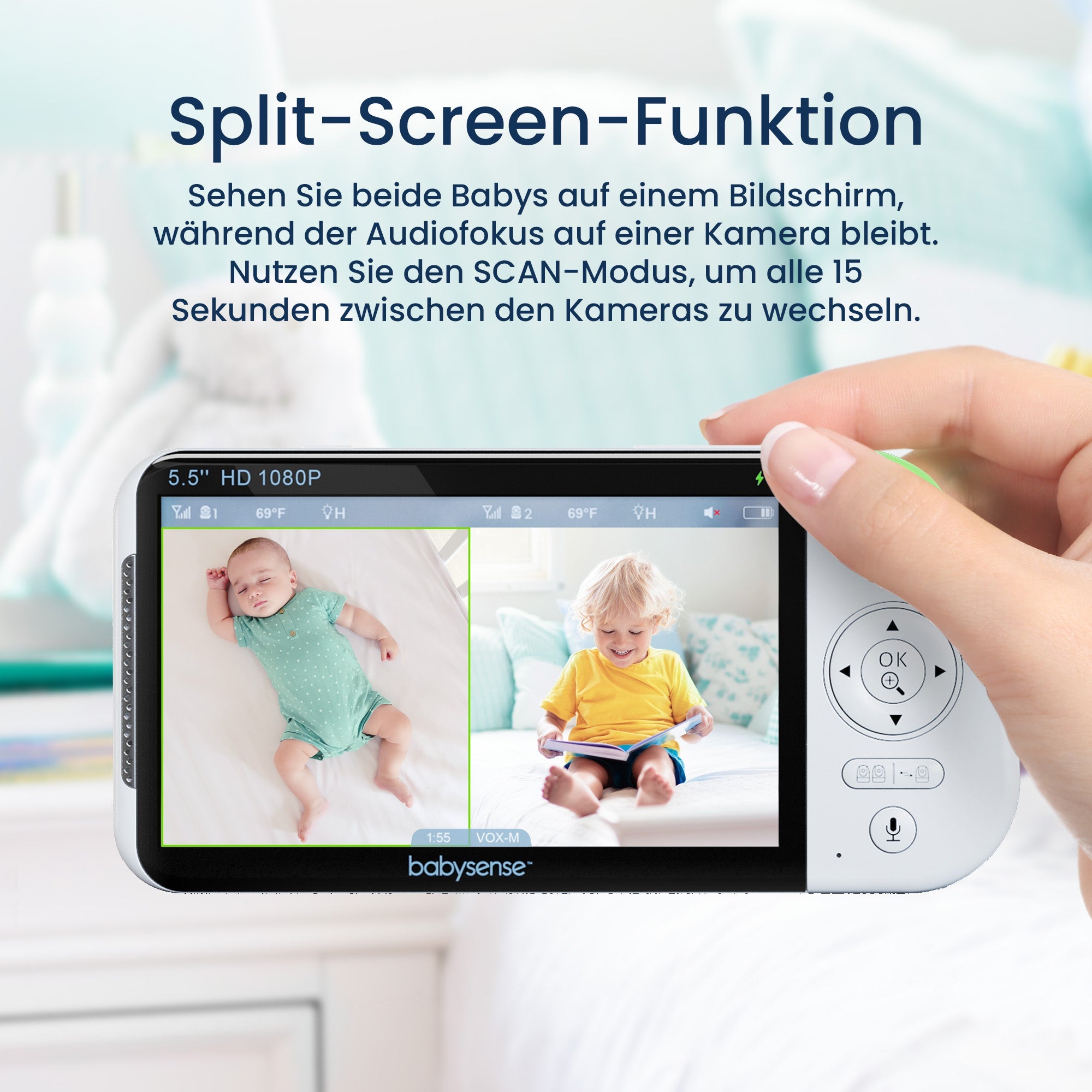 Babysense Maxview: Babyphone Mit 3 Kameras, Ohne Wlan, Geteilte Bildschirm, Nachtlicht & Weißesrauschen