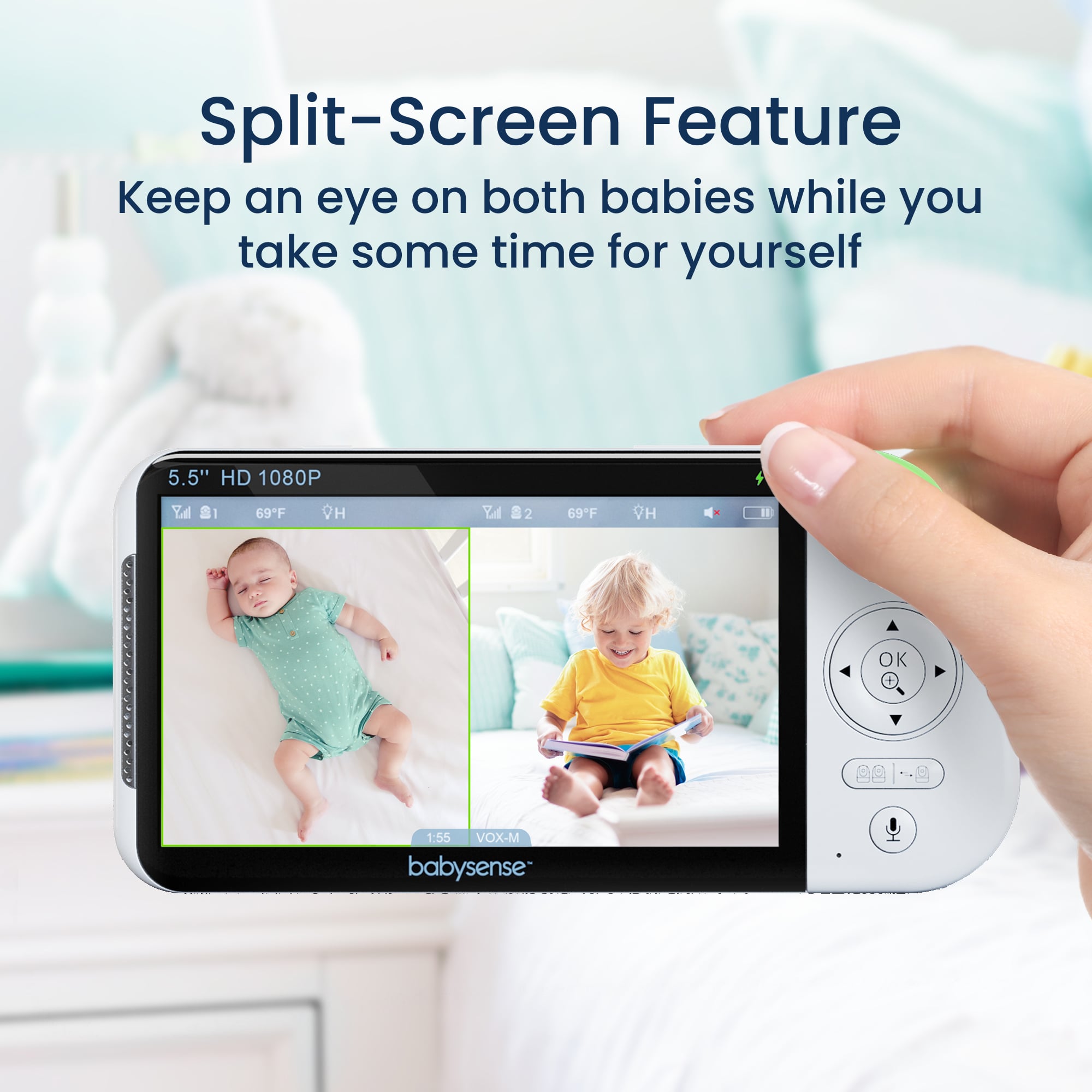 Babysense Maxview: Babyphone Mit 1 Kamera, Ohne Wlan, Geteilte Bildschirm, Nachtlicht & Weißesrauschen