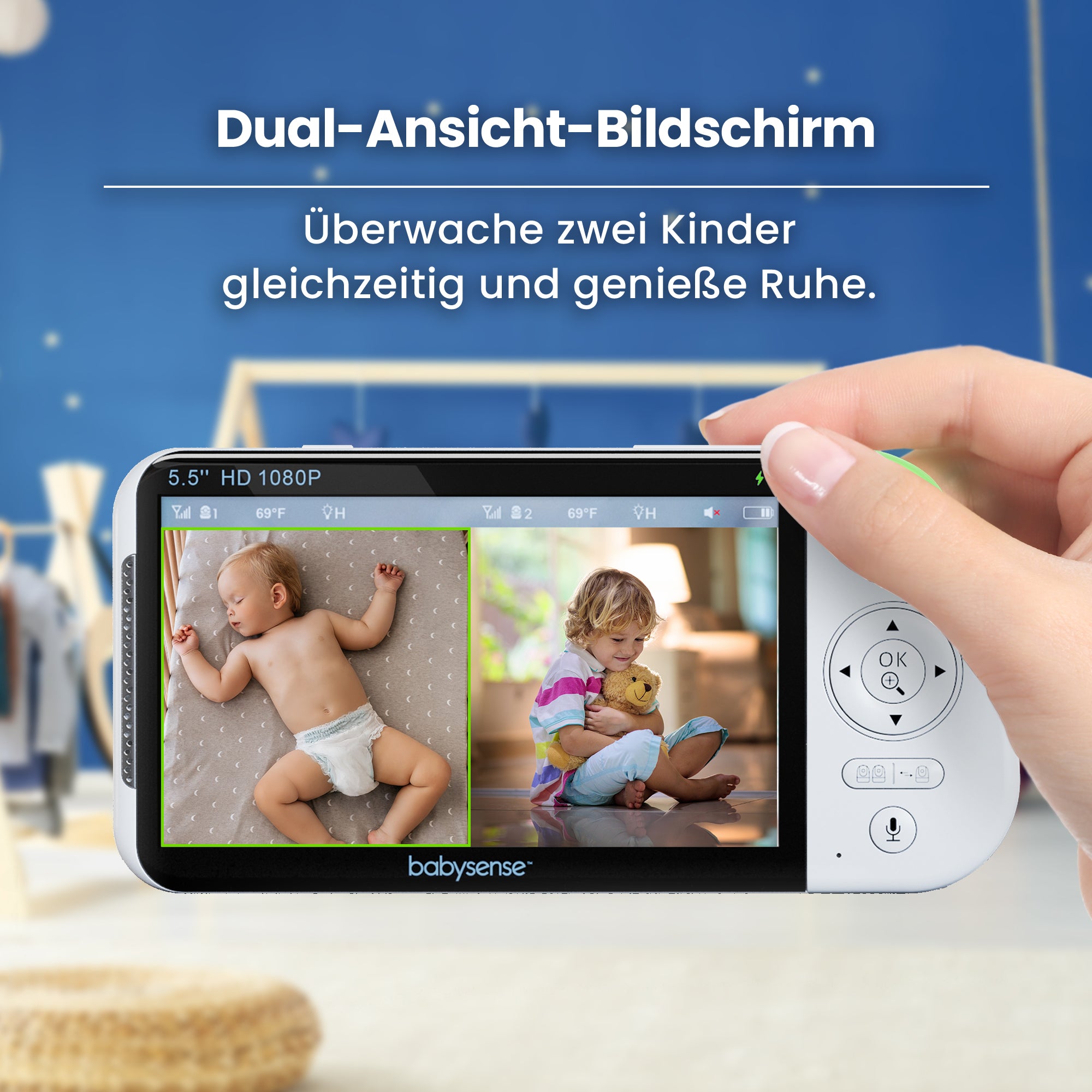 Babysense Maxview Pro: Babyphone Mit 2 Kameras, Ohne Wlan, Geteilte Bildschirm, Nachtlicht & Weißesrauschen