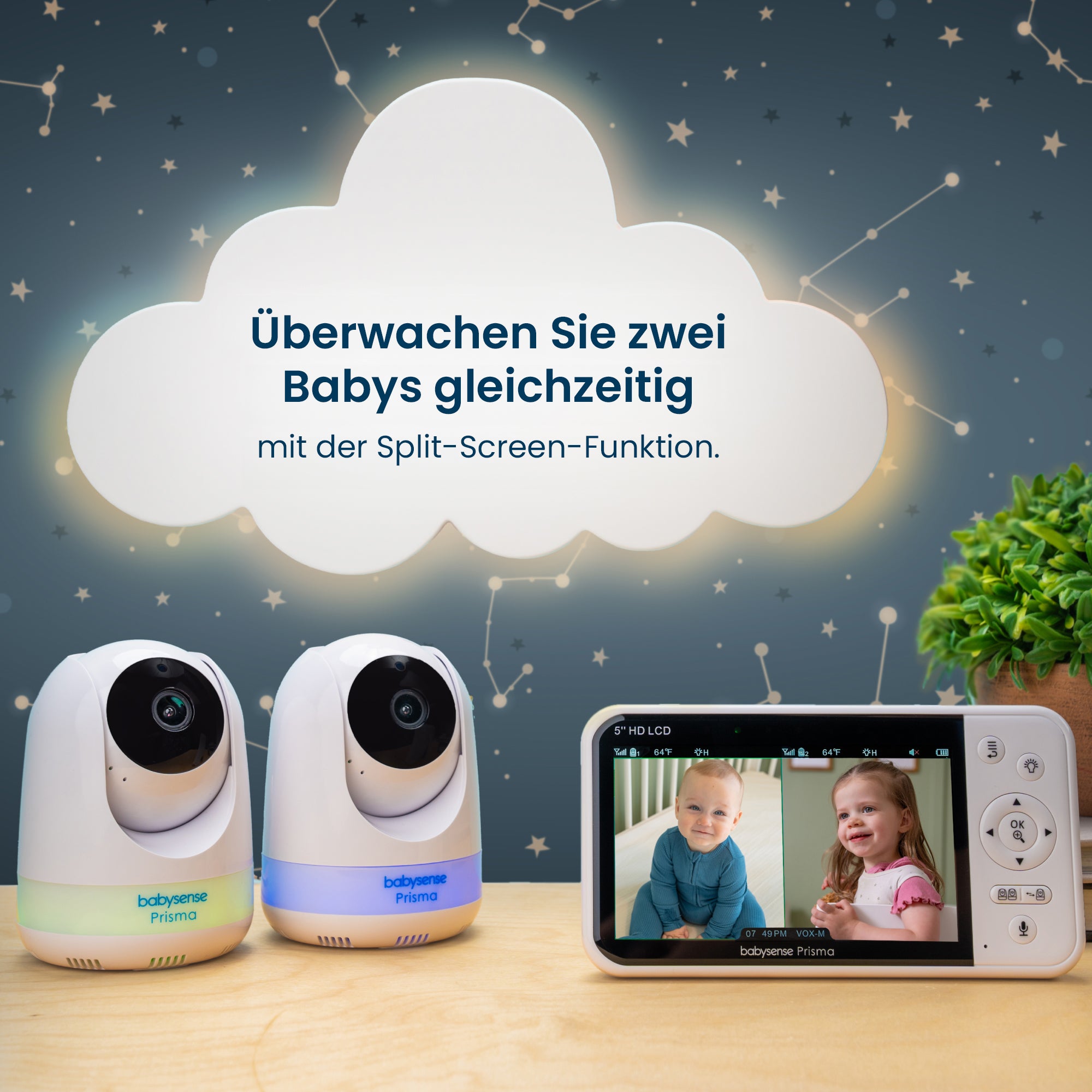 Babysense Prisma: Video-Babyphone mit 2 Kameras, ohne WLAN, Split-Screen, Nachtlicht & Soundmaschine