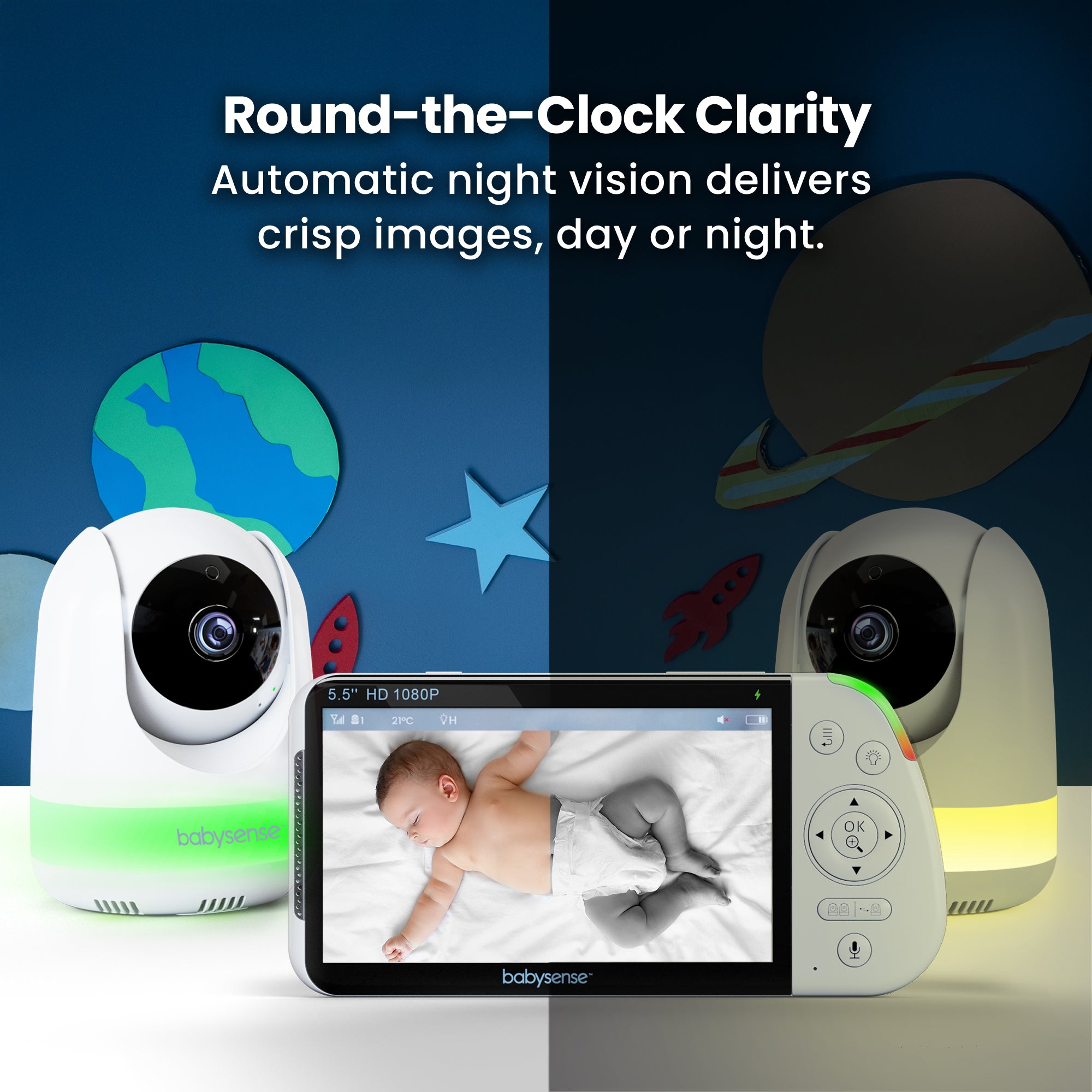 Babysense MaxView PRO: Video Babyphone mit 1 Kamera, ohne WLAN, Split-Screen, Nachtlicht & Soundmaschine