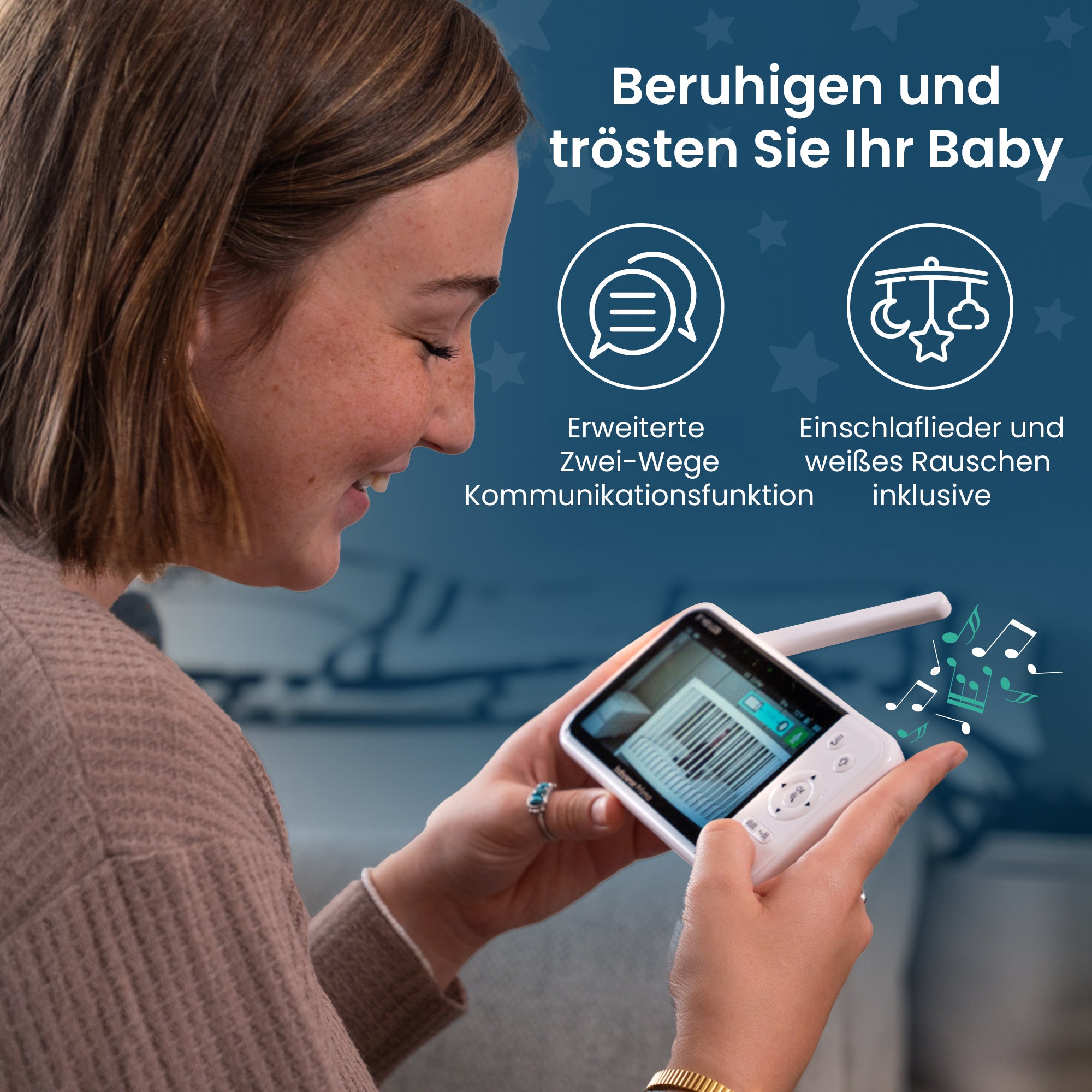 Babysense Prisma: Video-Babyphone mit 2 Kameras, ohne WLAN, Split-Screen, Nachtlicht & Soundmaschine