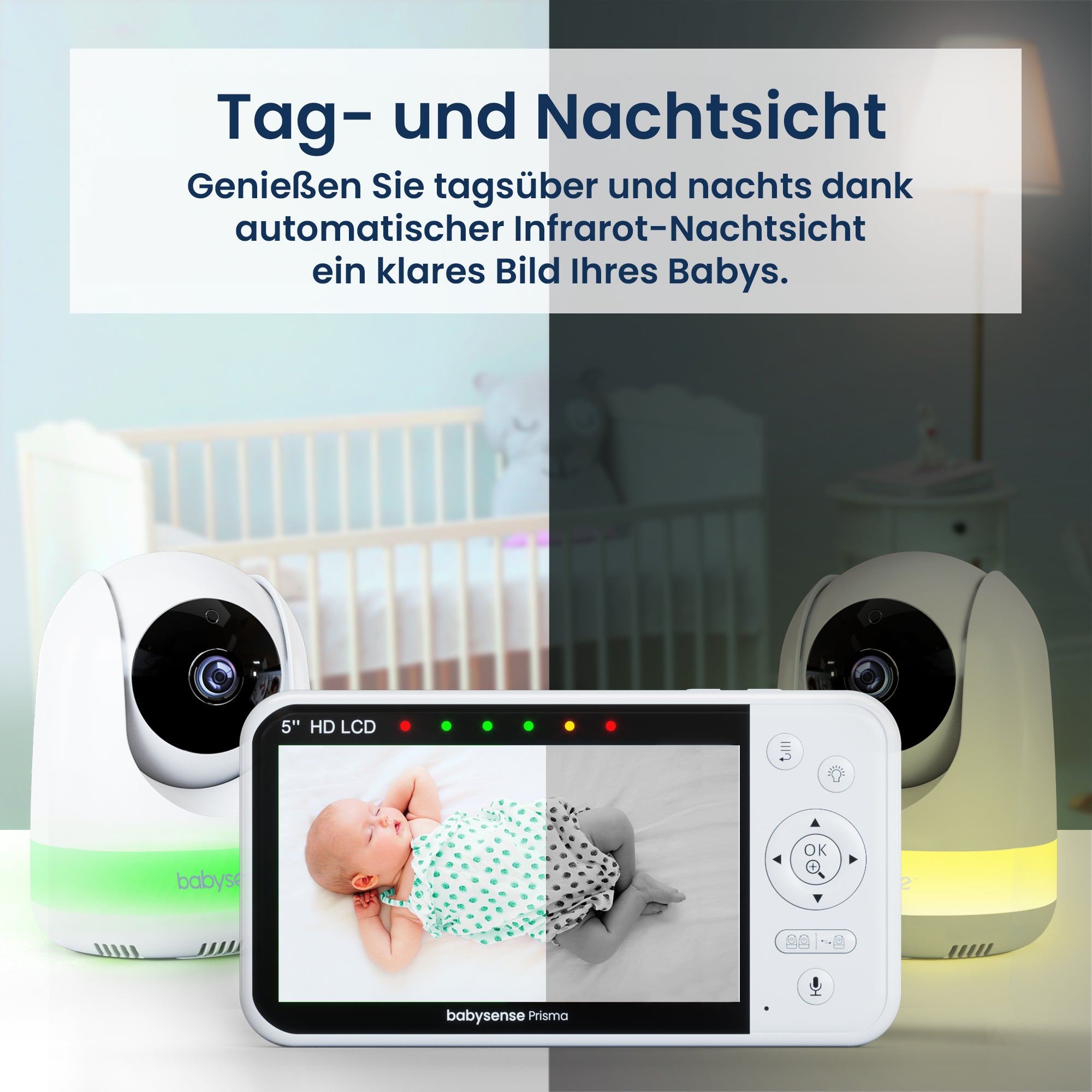 Babysense Prisma: Video-Babyphone mit 2 Kameras, ohne WLAN, Split-Screen, Nachtlicht & Soundmaschine