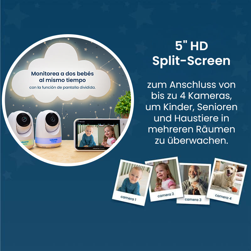 Babysense Prisma: Video-Babyphone mit 2 Kameras, ohne WLAN, Split-Screen, Nachtlicht & Soundmaschine