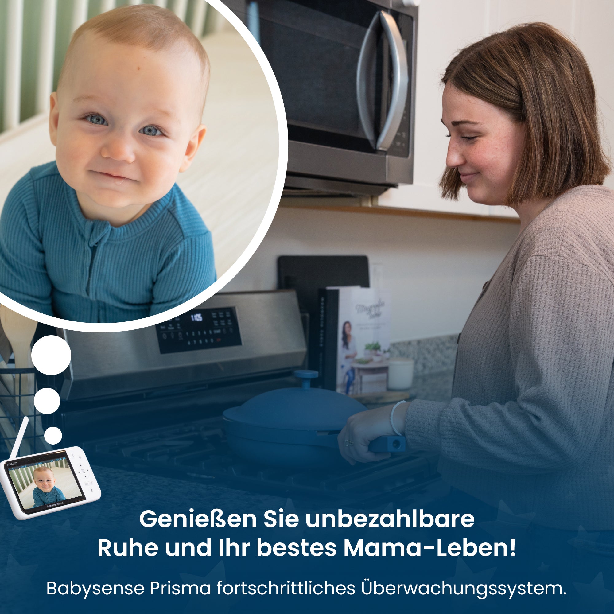 Babysense Prisma: Video-Babyphone mit 2 Kameras, ohne WLAN, Split-Screen, Nachtlicht & Soundmaschine