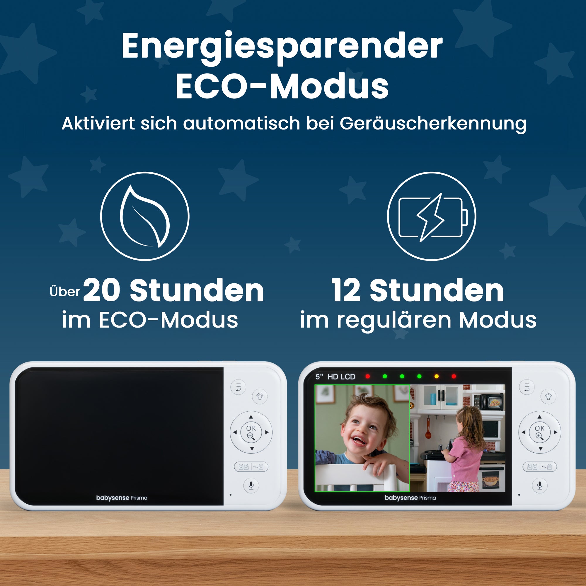 Babysense Prisma: Video-Babyphone mit 2 Kameras, ohne WLAN, Split-Screen, Nachtlicht & Soundmaschine