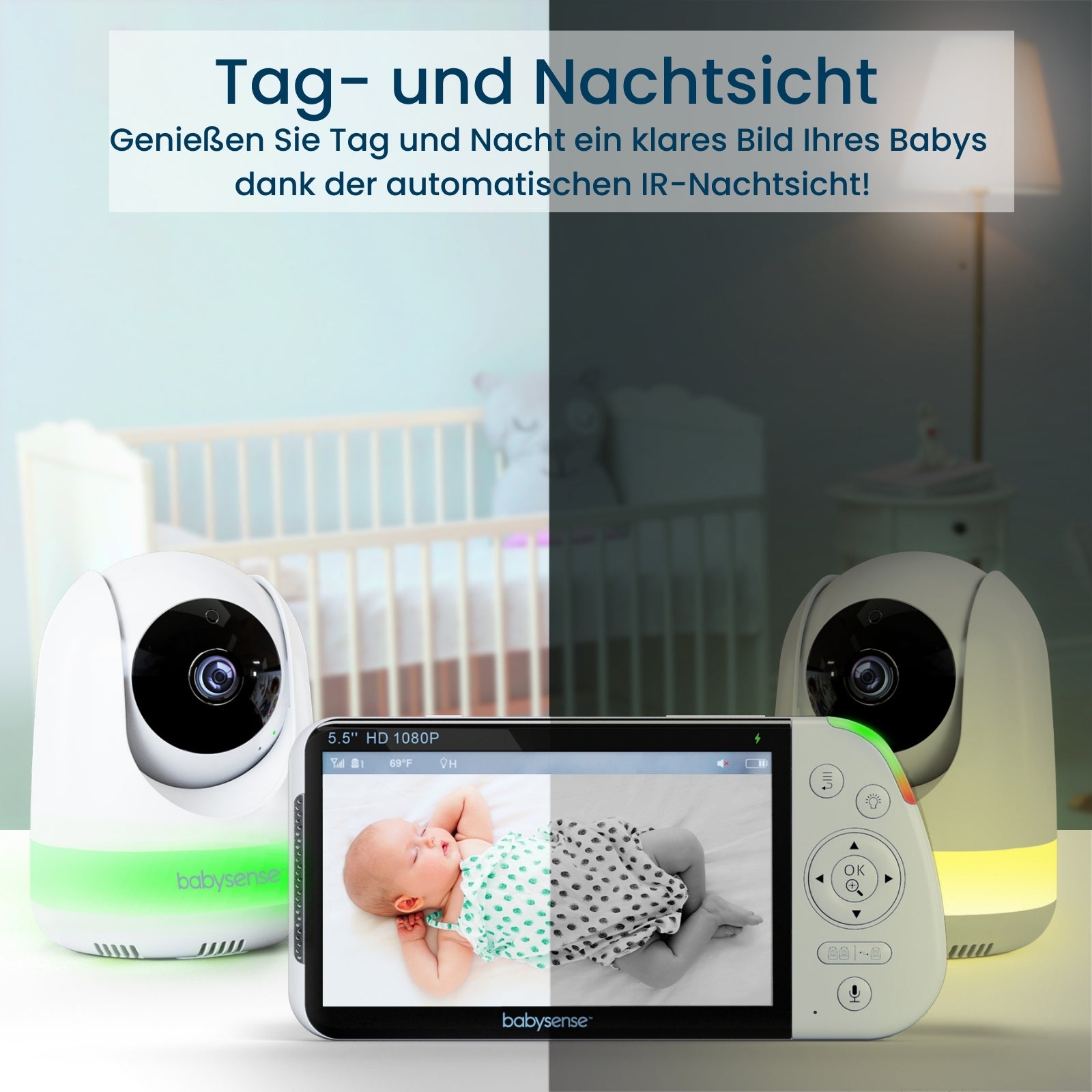 Babysense Maxview: Babyphone Mit 3 Kameras, Ohne Wlan, Geteilte Bildschirm, Nachtlicht & Weißesrauschen