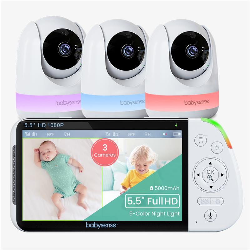 Babysense Maxview: Babyphone Mit 3 Kameras, Ohne Wlan, Geteilte Bildschirm, Nachtlicht & Weißesrauschen