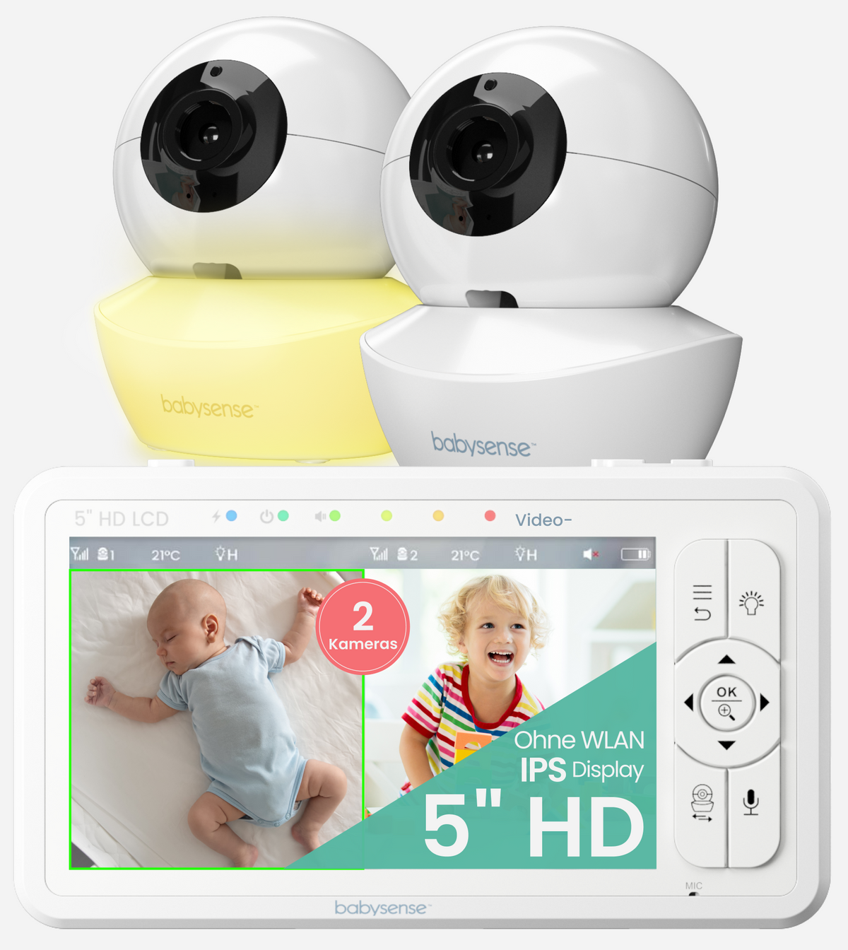Babysense HD S2: Video Baby Monitor with 2 Cameras, Non wifi, Split Screen & Night Light Machine