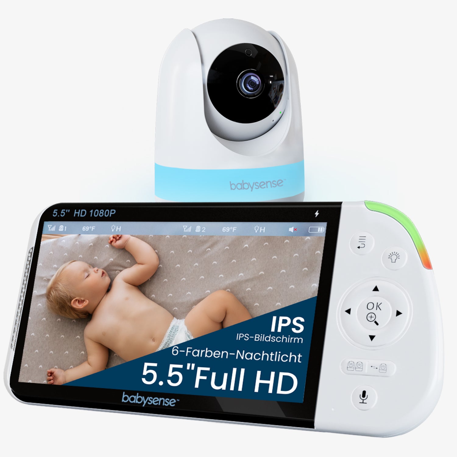 Babysense MaxView PRO: Video Babyphone mit 1 Kamera, ohne WLAN, Split-Screen, Nachtlicht & Soundmaschine
