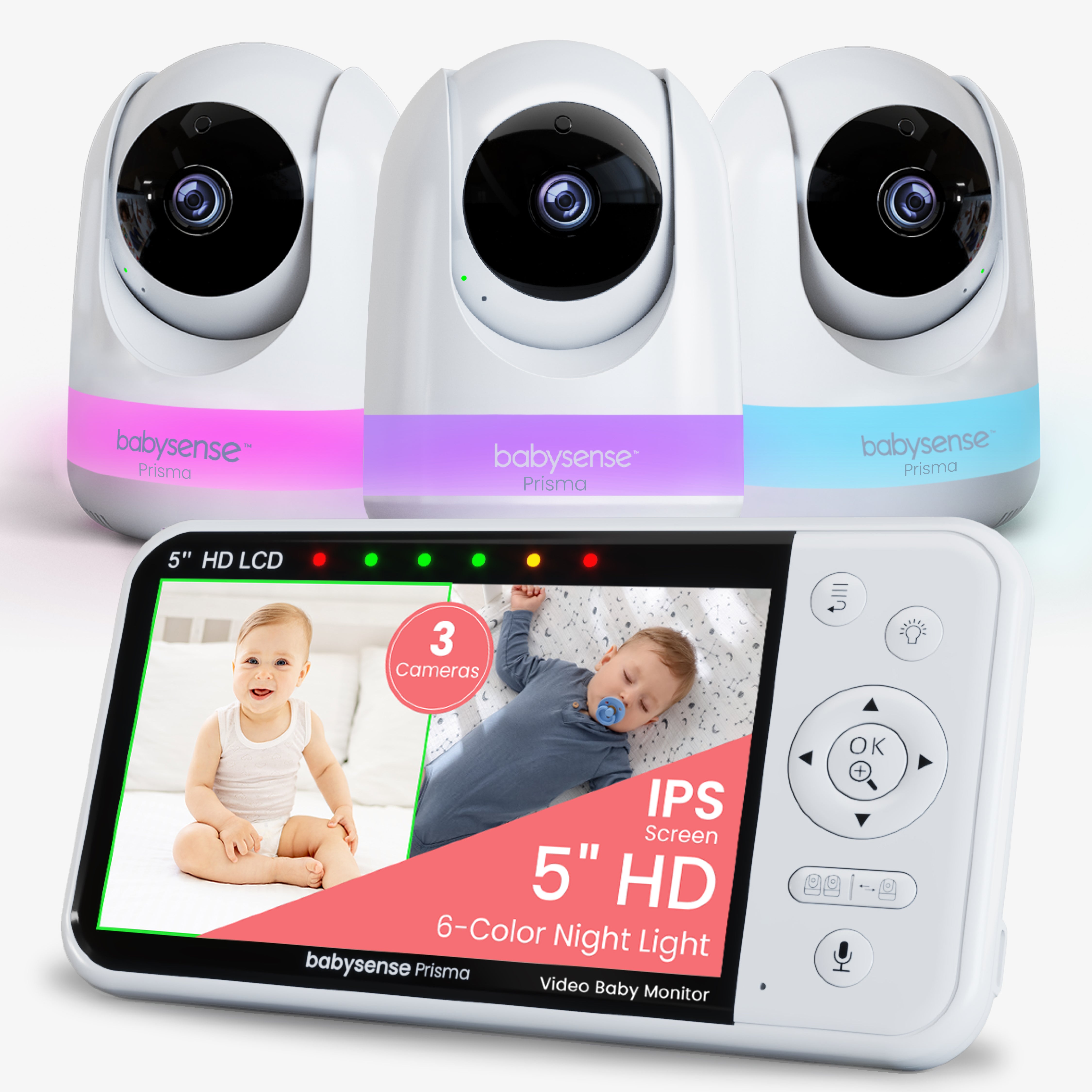 Babysense Prisma: Video-Babyphone mit 3 Kameras, ohne WLAN, Split-Screen, Nachtlicht & Soundmaschine