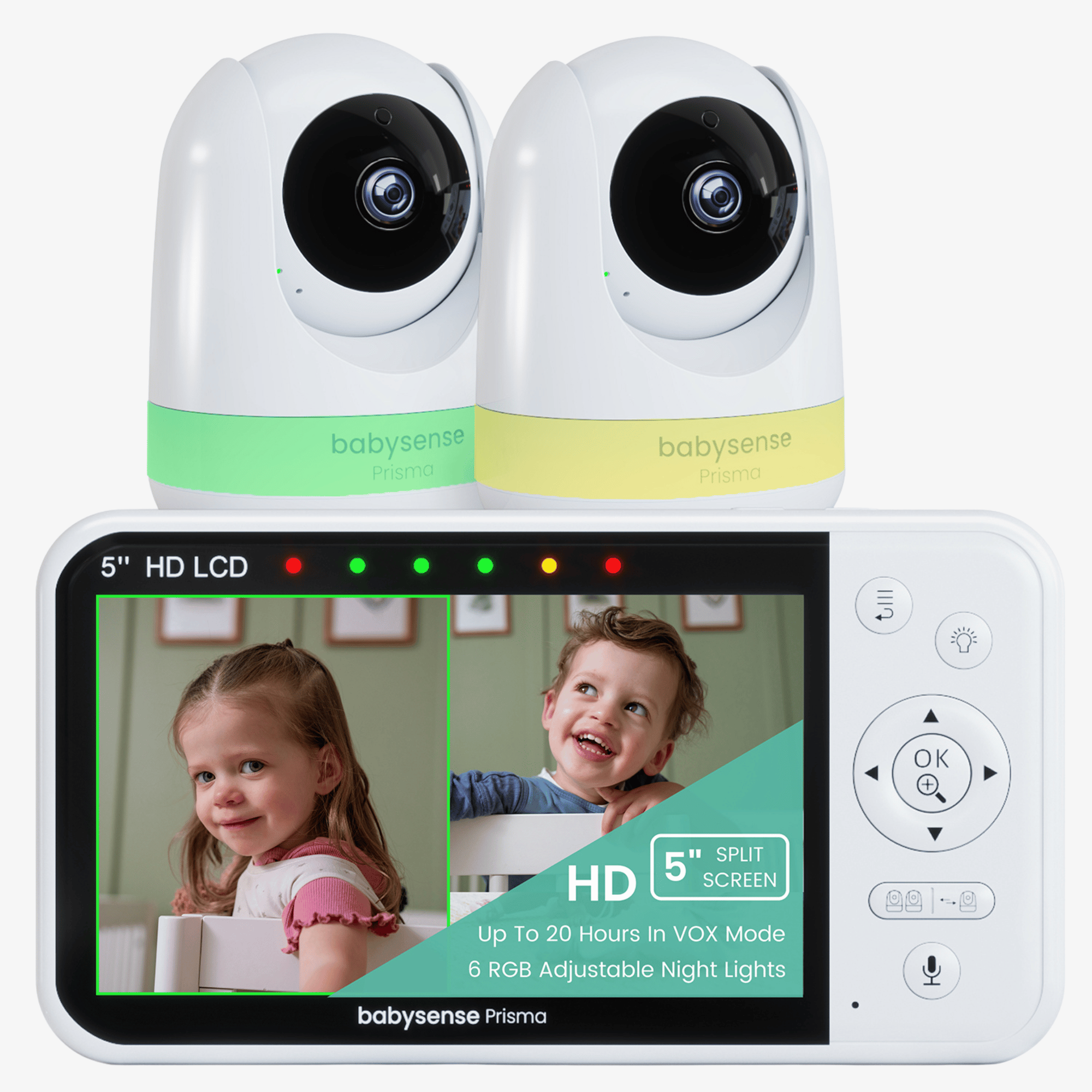 Babysense Prisma: Video-Babyphone mit 2 Kameras, ohne WLAN, Split-Screen, Nachtlicht & Soundmaschine