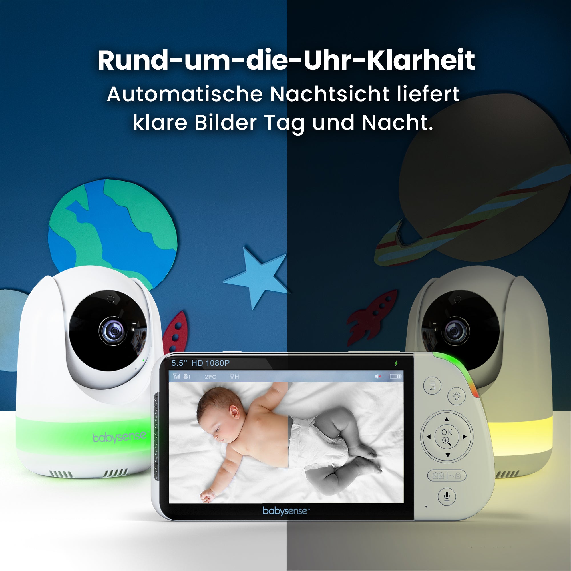 Babysense Maxview Pro: Babyphone Mit 2 Kameras, Ohne Wlan, Geteilte Bildschirm, Nachtlicht & Weißesrauschen