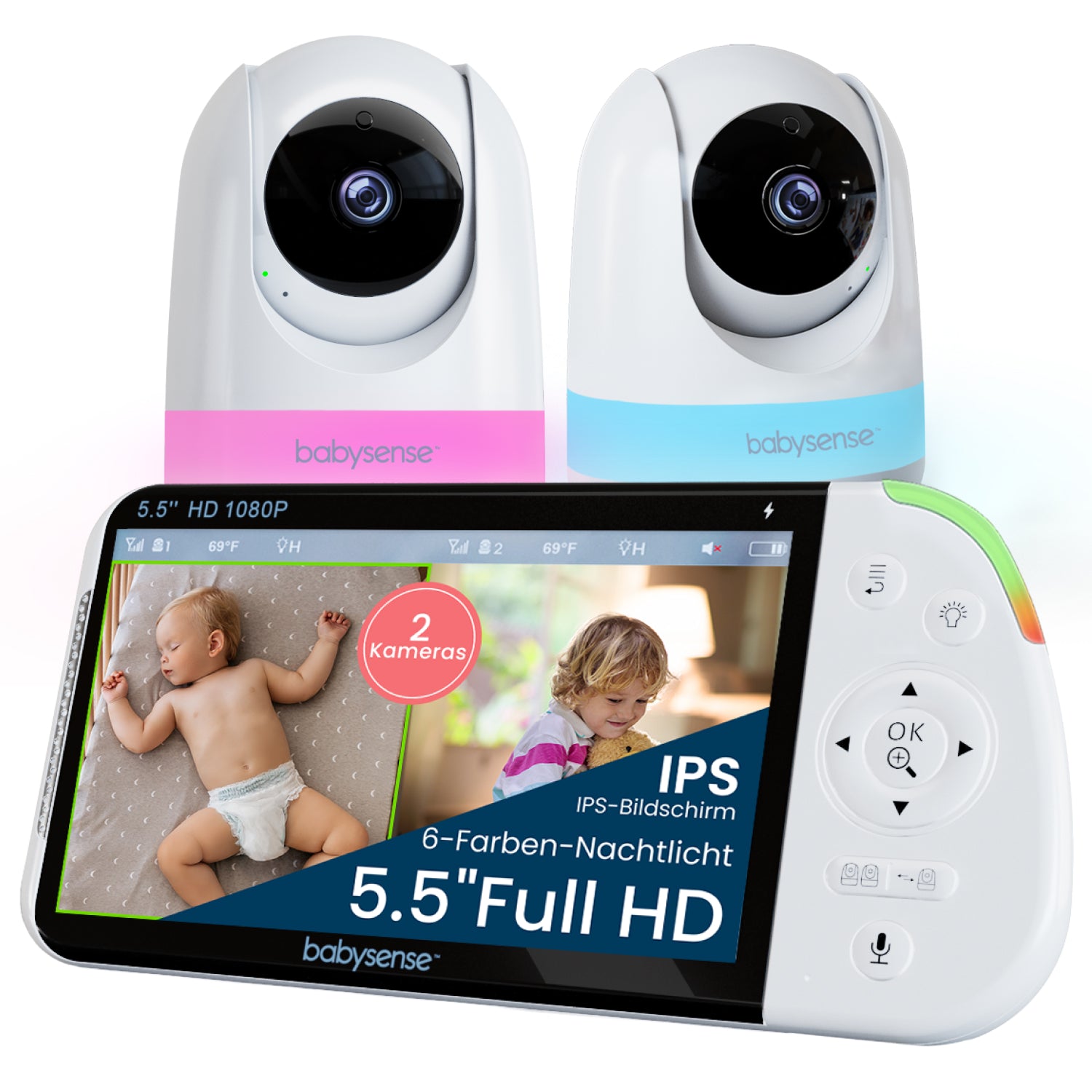 Babysense Maxview Pro: Babyphone Mit 2 Kameras, Ohne Wlan, Geteilte Bildschirm, Nachtlicht & Weißesrauschen