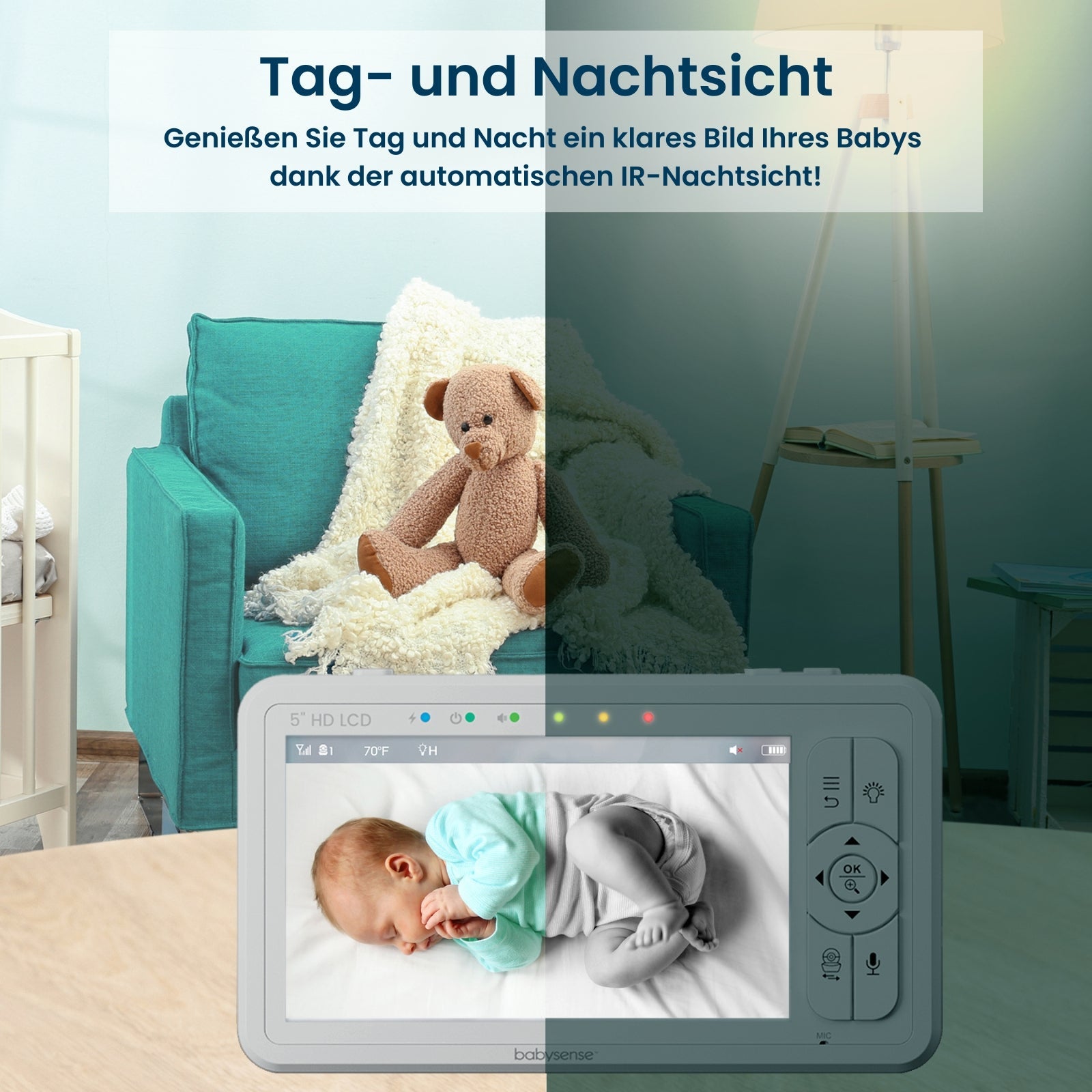Babysense HD S2: Video Baby Monitor with 2 Cameras, Non wifi, Split Screen & Night Light Machine