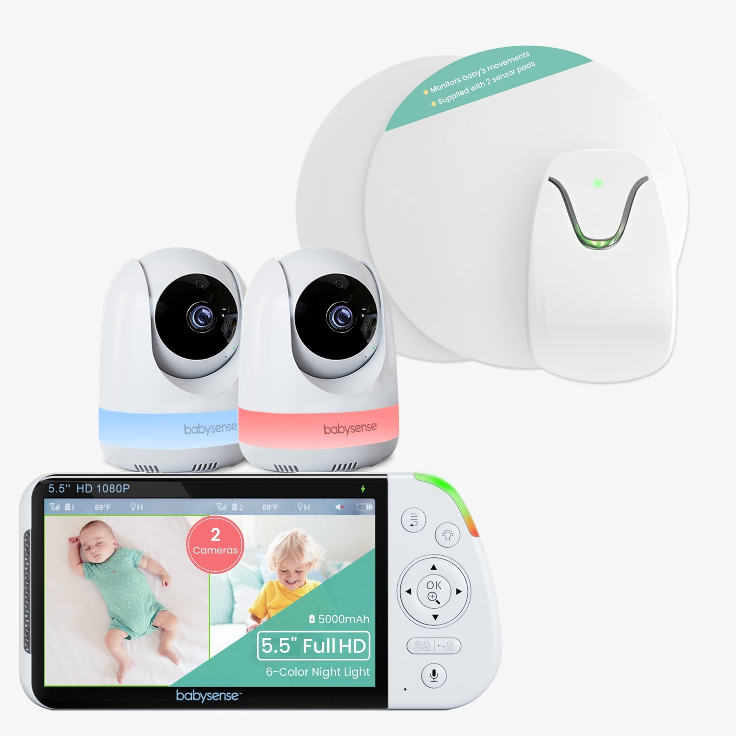 Babysense 2-in-1 Überwachungsset: Video-Babyphone mit 2 Kameras, Split-Screen, Nachtlicht und Soundmaschine + Babyphone mit Echtzeit-Warnungen bei Atemaussetzern und Unregelmäßigkeiten für sicheren Schlaf