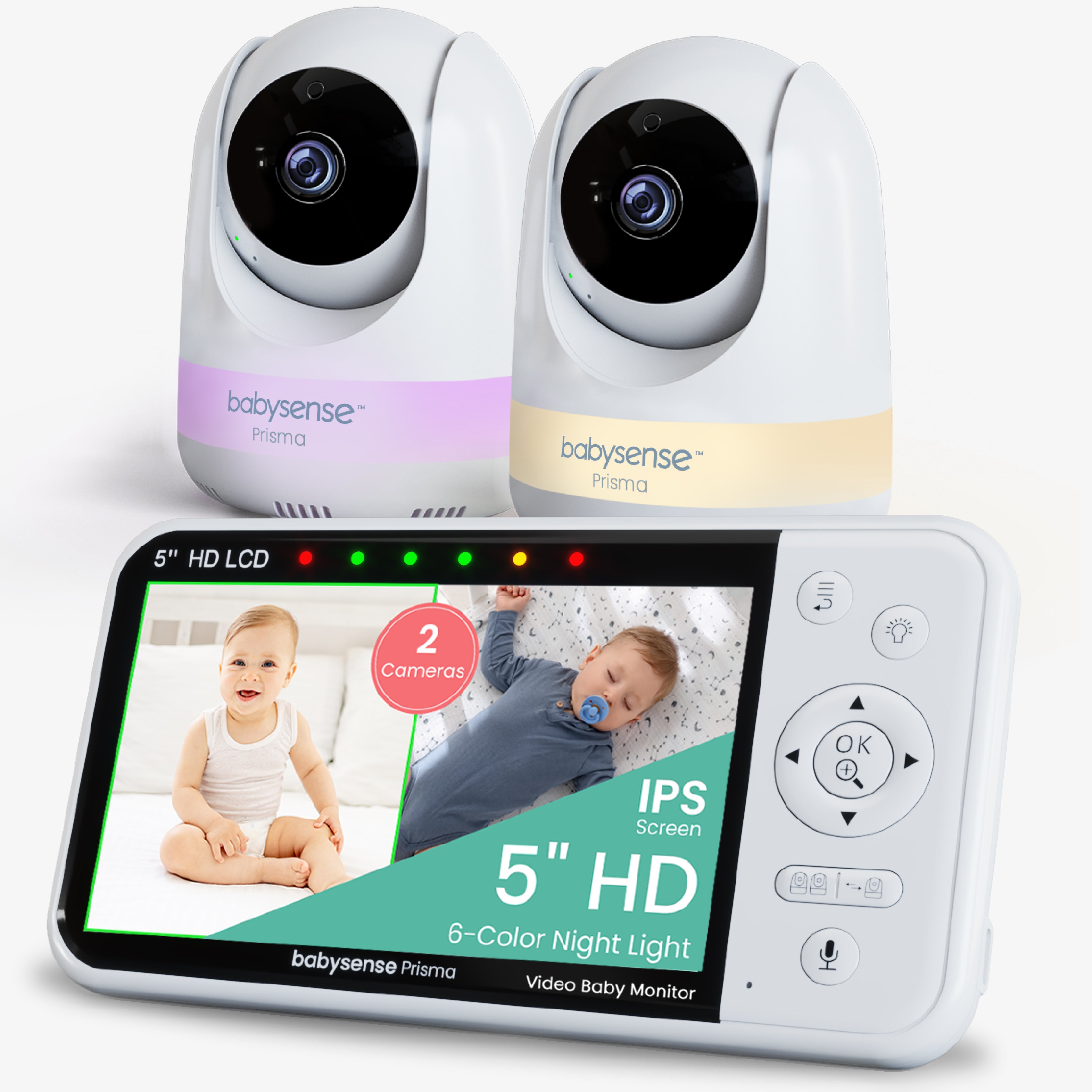 Babysense Prisma: Video-Babyphone mit 2 Kameras, ohne WLAN, Split-Screen, Nachtlicht & Soundmaschine